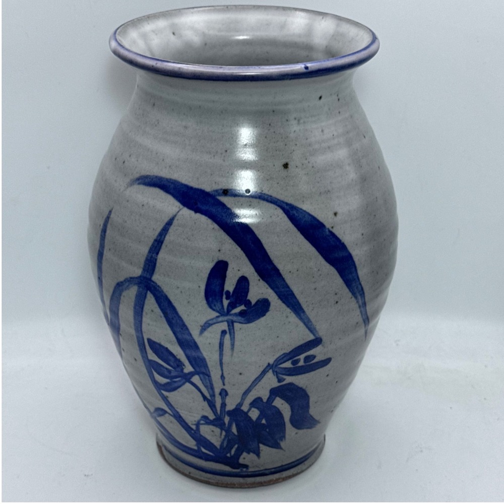 Studio Pottery Blue Dragonfly Floral‎ Grey Salt Glaze Stoneware Vase 8.5 Inch